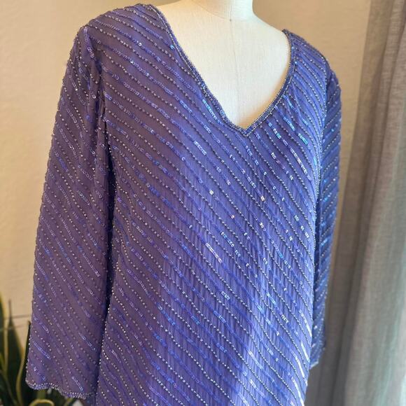 Papell Studio Women’s Large Blouse Purple Silk Beaded Tunic Sequin Evening Party - Picture 3 of 3